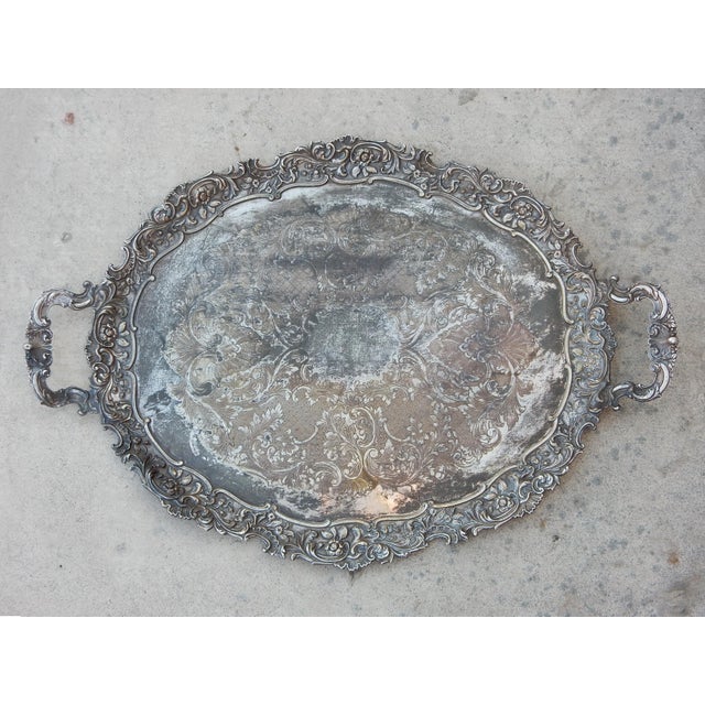 Silver Enormous Ornate Silverplate Serving Bar Tray Dated 1955 For Sale - Image 8 of 9