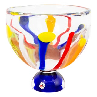 Mid Century Modern Art Glass Bowl Vase Yellow Orange Blue Round Svoboda Karlov For Sale