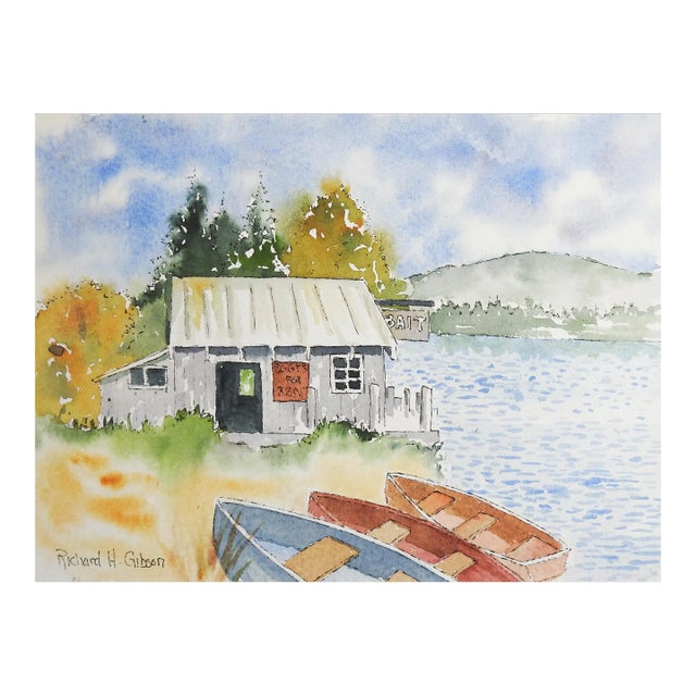 Small Vintage Lakeside Bait Shop & Boats Watercolor Painting For Sale