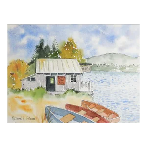 Small Vintage Lakeside Bait Shop & Boats Watercolor Painting