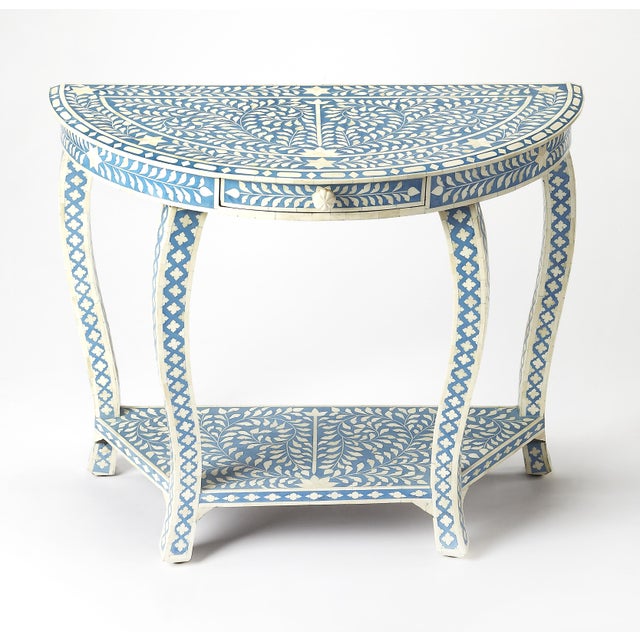 2020s Vivienne 37.5 in. W Demilune Bone Inlay 1 Drawer Console Table with Lower Open Shelf, Blue Bone Inlay For Sale - Image 5 of 5