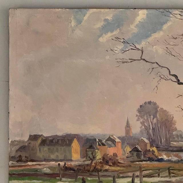 Textile Antique Oil Painting on Canvas by Victor Fermans 'Winter Village Landscape' For Sale - Image 7 of 16