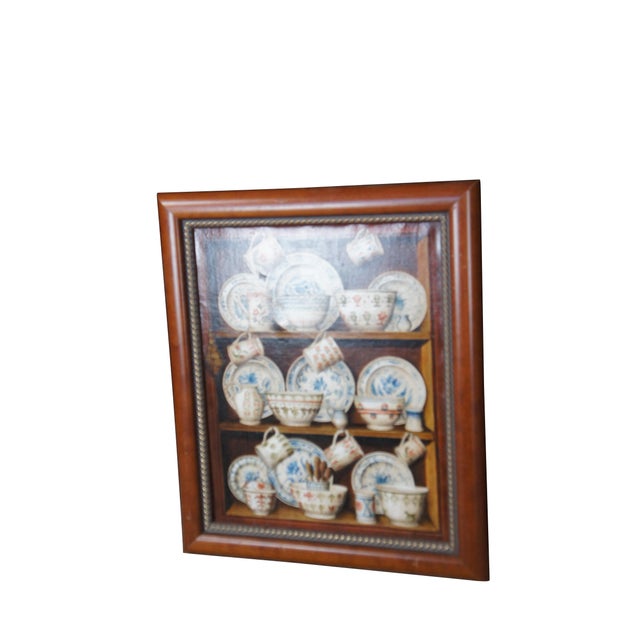 Late 20th century still life oil painting on canvas depicting a farmhouse hutch / cabinet containing a collection of china...