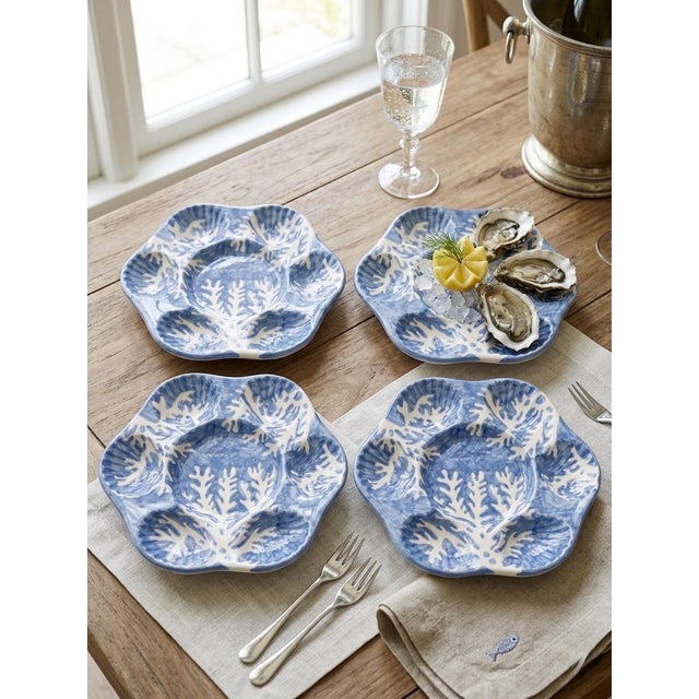 Ceramic Italian Les Ottomans Hand-Painted Blue Coral Oyster Plates - Set of 4 For Sale - Image 7 of 7