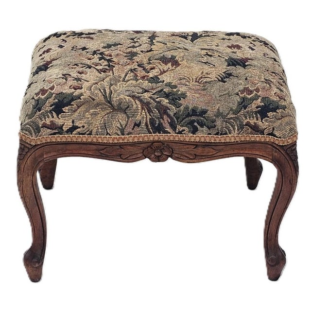 Brown Antique French Walnut Ottoman Footstool W/ Floral Carving & Cabriole Legs 1910s For Sale - Image 8 of 16