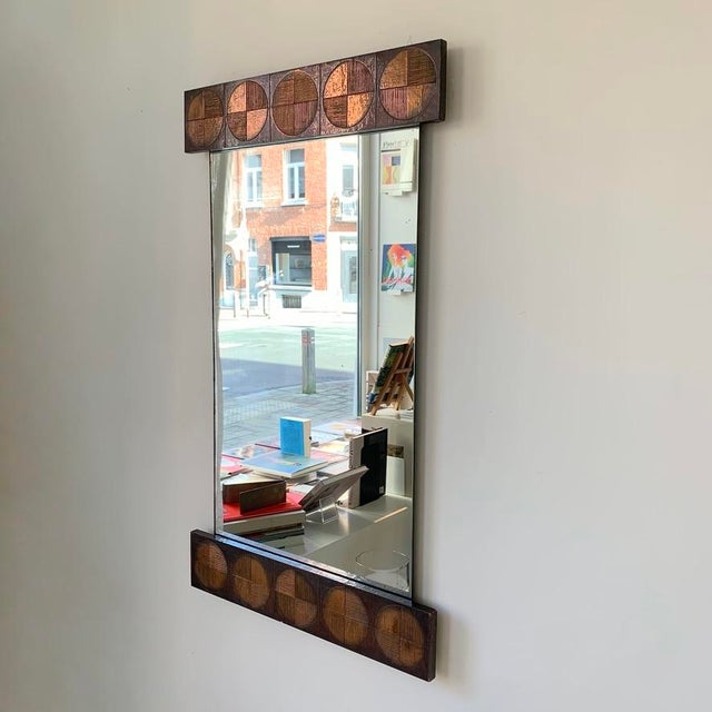 Wall mirror by sant'ambrogio & de berti, circa 1960, italy. embossed copper on wood with nice round pattern, original...