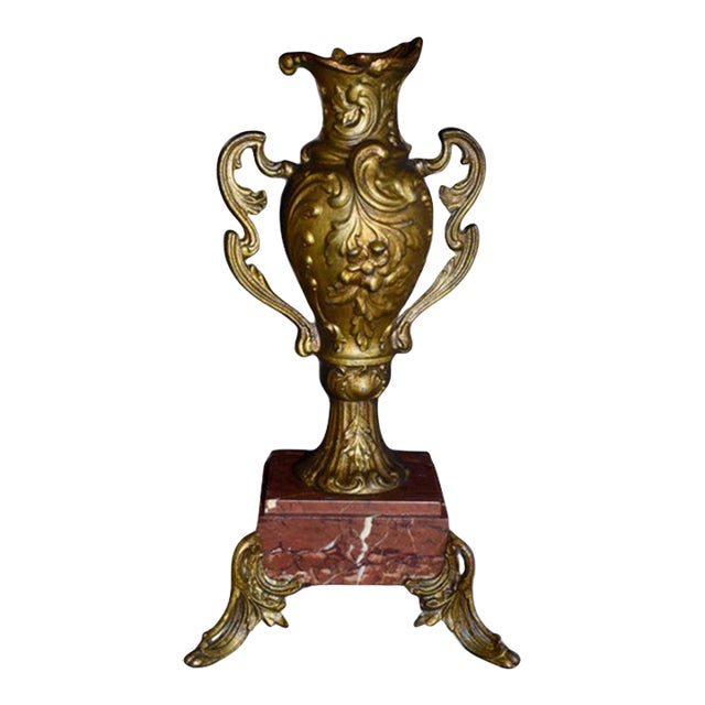 Antique French Rococo Metal Urn Vase Marble Base Mantle Garniture 19th C For Sale