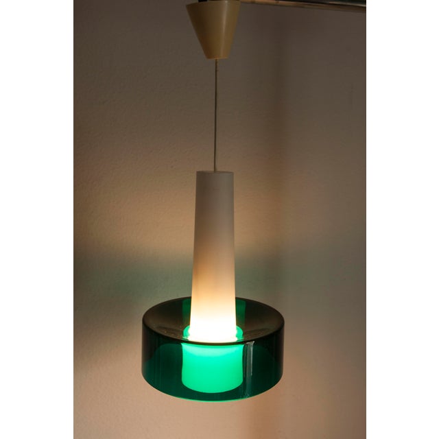Vintage Two-Tone Pendant Light in White Opaline Glass and Green Transparent Glass, 1960s For Sale - Image 3 of 17