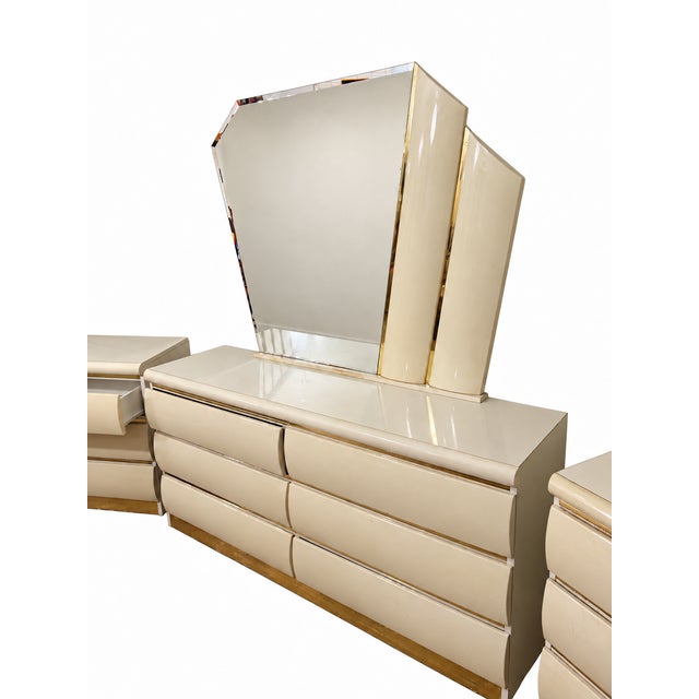 1980s Millennium Cream Postmodern Dresser and Two Nightstands With Asymmetrical Mirror For Sale - Image 5 of 14