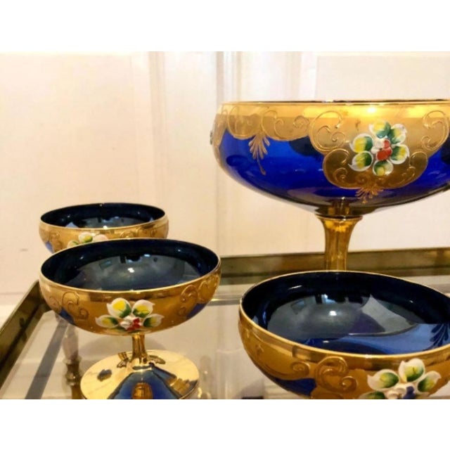 Vintage Venetian Tre-Fuochi Murano Dessert Set with Fruit Goblet and Coupes in Cobalt Blue and 24kt Gold-Plated Enamel, 1920s, Set of 7 For Sale - Image 4 of 9