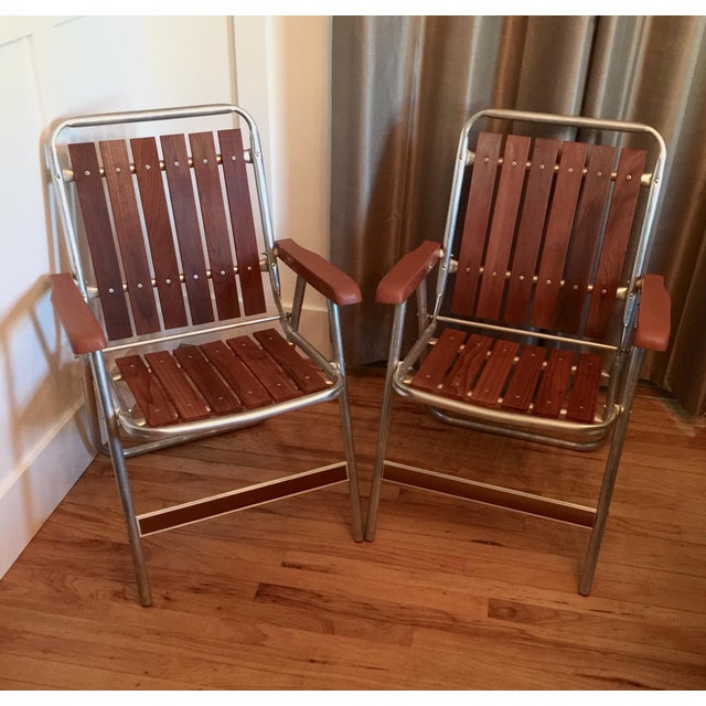 1960s Retro Aluminum and Redwood Folding Lounge Lawn Chairs a Pair