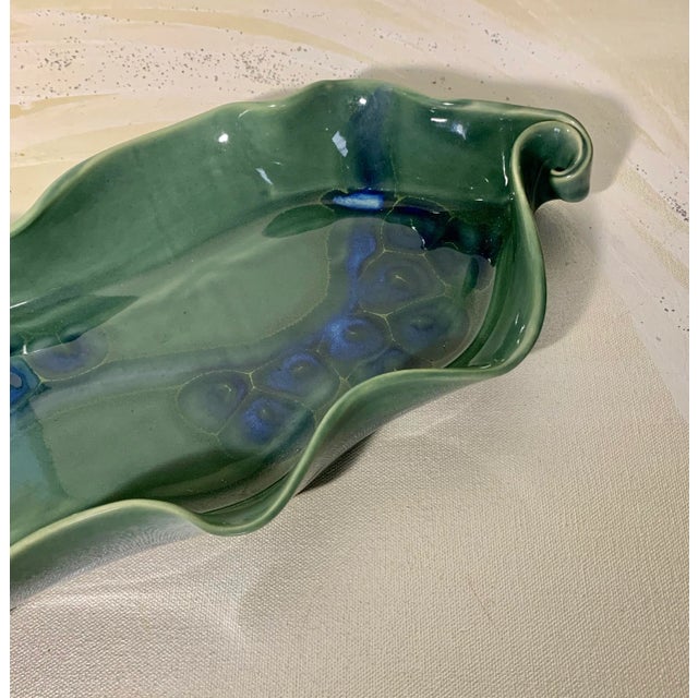 Contemporary Large Oval Green and Blue Studio Ceramic Platter With Swirl Handles - Signed For Sale - Image 3 of 7