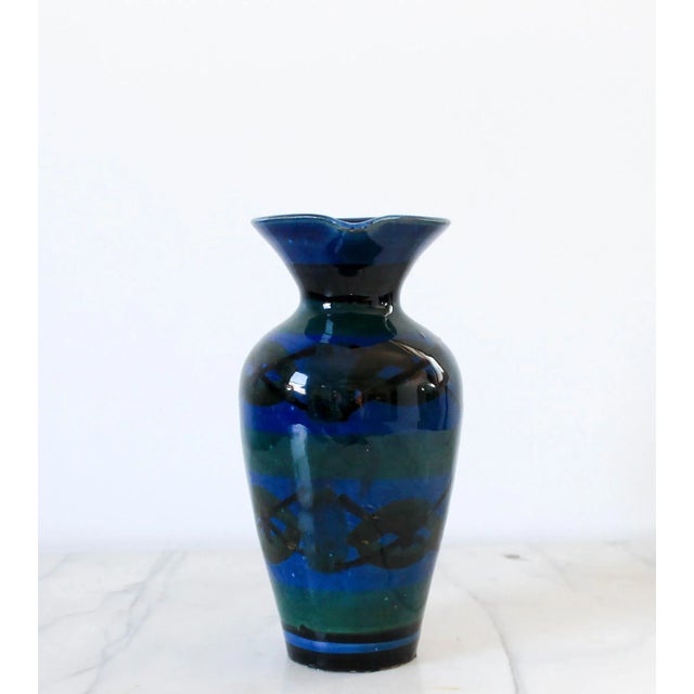 Mid-century blue and green pottery pitcher. Marked "Italy" on bottom. Minor wear. No chips.