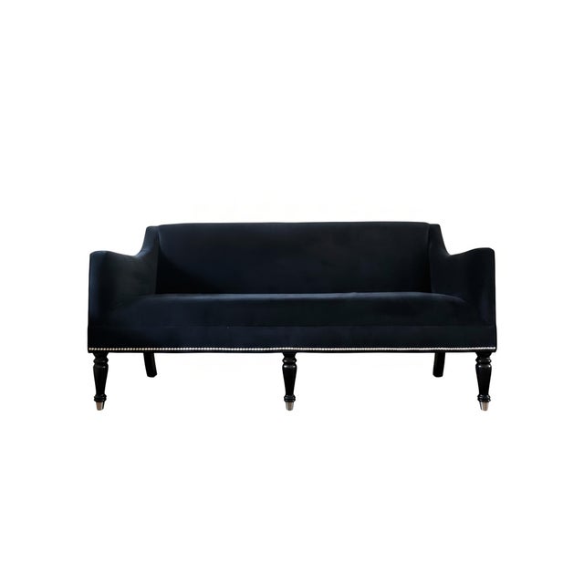 A modern take on the Louis XVI style loveseat, this top quality Barclay Butera black velveteen loveseat/settee is the...