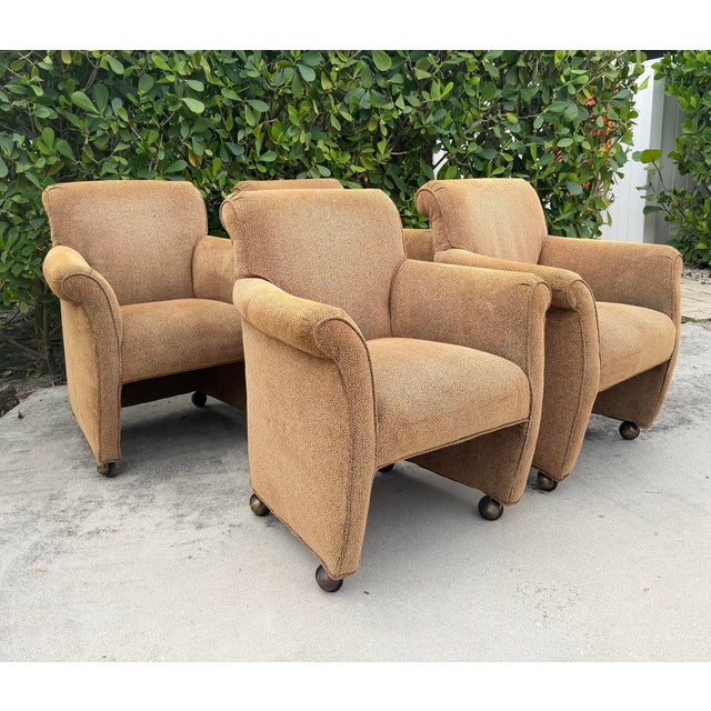 Vintage Postmodern Rolled Arm Club Chairs With Brass Ball Casters, a Pair For Sale - Image 11 of 12
