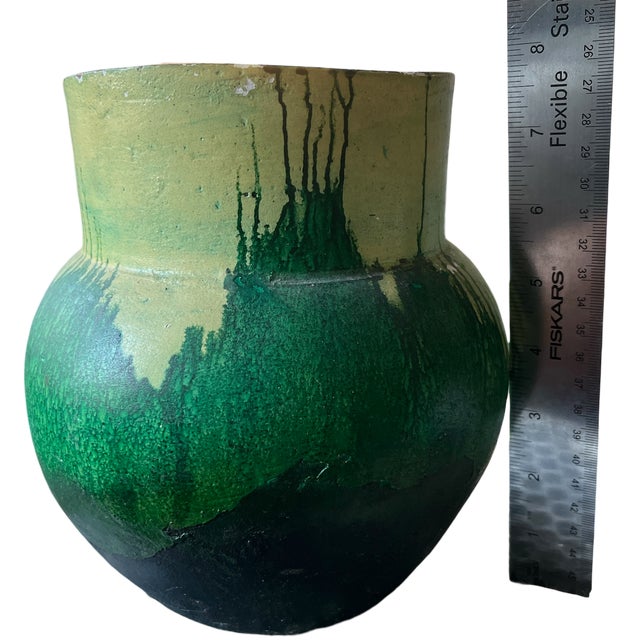 Ceramic 1970s Hand-Painted Green and Chartreuse Organic Moderns Earthenware Vase For Sale - Image 7 of 8