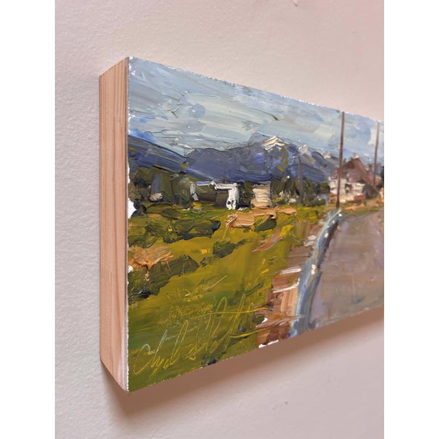 Contemporary Around the Bend by Clyde Steadman | Oil on Board Landscape with a winding road and mountains For Sale - Image 3 of 5