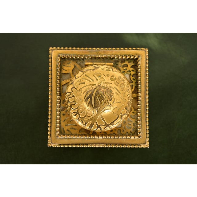 Early 20th Century Tiffany Studios New York Grapevine Bronze Doré and Favrile Slag Glass Inkwell For Sale - Image 5 of 14