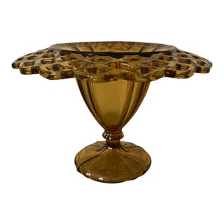 Vintage Amber Lace-Edged Pedestal Compote Vase For Sale