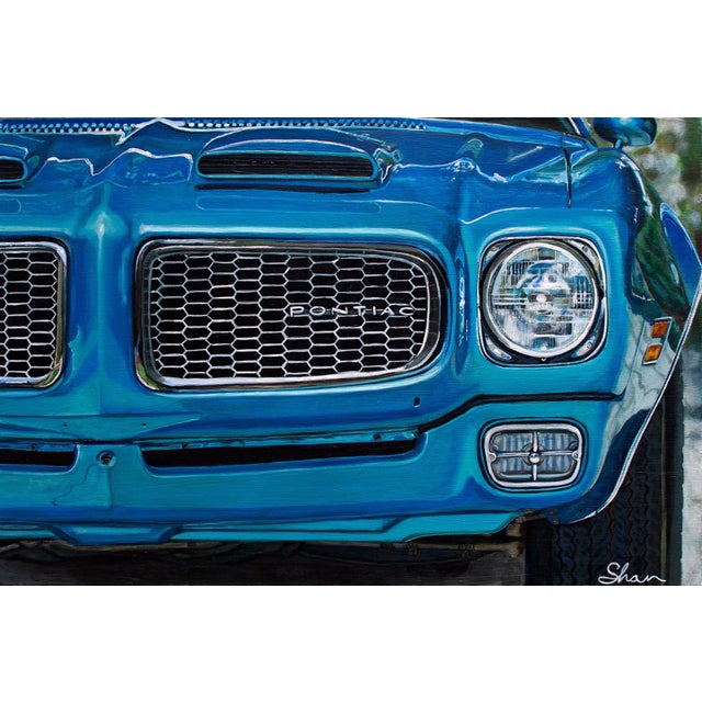 1972 Pontiac Firebird Formula 400 M22 by Shan Fannin | Acrylic on Canvas Close-up of a blue car front For Sale