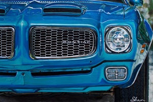 1972 Pontiac Firebird Formula 400 M22 by Shan Fannin | Acrylic on Canvas Close-up of a blue car front