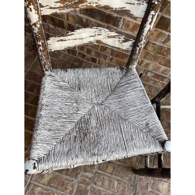 Pair of Early 20th Century Rush Seat Ladderback Side Chairs With Distressed White Chippy Paint Finish For Sale - Image 10 of 12