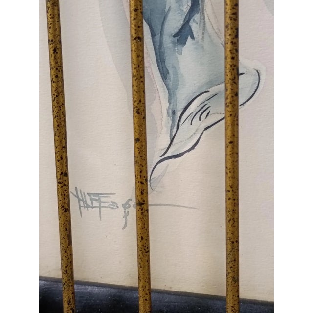 1950s Chinoiserie Caged Blue Bird Original Watercolor Painting by William Edwin Fager Gilt Metal Birdcage Frame For Sale - Image 4 of 17