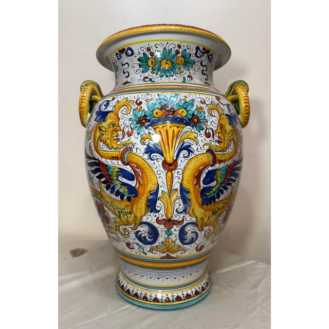 Monumental Antique Handmade Italian Majolica Painted Terracotta Gp Pottery Vase For Sale - Image 12 of 17