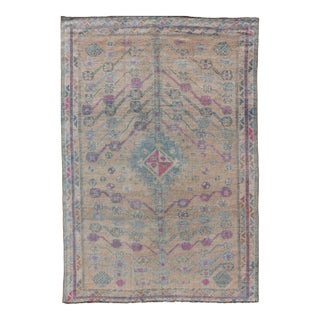 Vintage Persian Shiraz With Tribal Design in Soft Yellow, Pink, and Blue Gray 4'10 X 7'4 For Sale