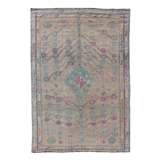 Vintage Persian Shiraz With Tribal Design in Soft Yellow, Pink, and Blue Gray 4'10 X 7'4 For Sale
