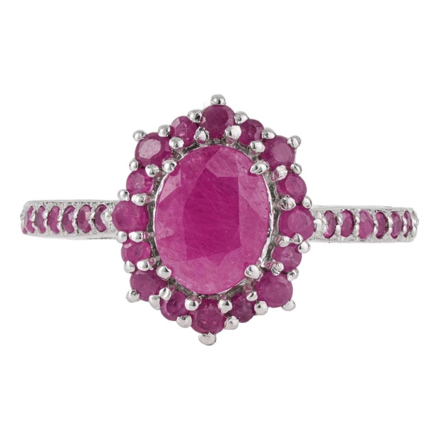 Carat&Her Georgian Style Oval Cut Ruby Halo Cluster Ring in Sterling Silver, Size 7 For Sale