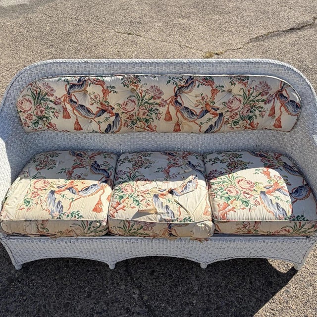 Antique Victorian White Wicker Rattan Sunroom Patio Sofa W/ Loose Cushions For Sale - Image 4 of 18