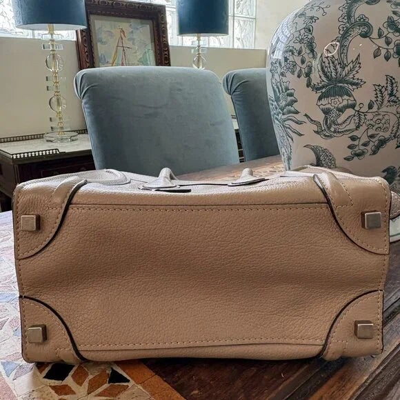 Taupe Late 20th Century Celine by Phoebe Philo Taupe Dune Neutral Drummed Calfskin Micro Luggage Tote Bag For Sale - Image 8 of 16