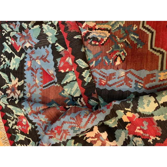 1950s Vintage Mid-Century Bessarabian Kilim Red Floral Flat Weave Rug Room Size For Sale - Image 5 of 12