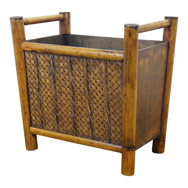 Late 20th Century Boho Chic Bamboo Wicker Rattan Magazine Rack Trash Waste Bin 15" For Sale