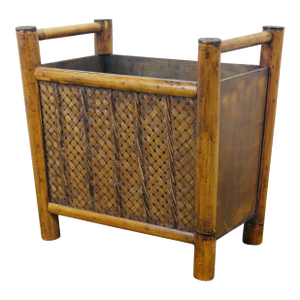 Late 20th Century Boho Chic Bamboo Wicker Rattan Magazine Rack Trash Waste Bin 15"