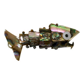 Mid-Century Mexican Miniature Articulated Brass & Abalone Fish Bottle Opener/Pocket Charm For Sale