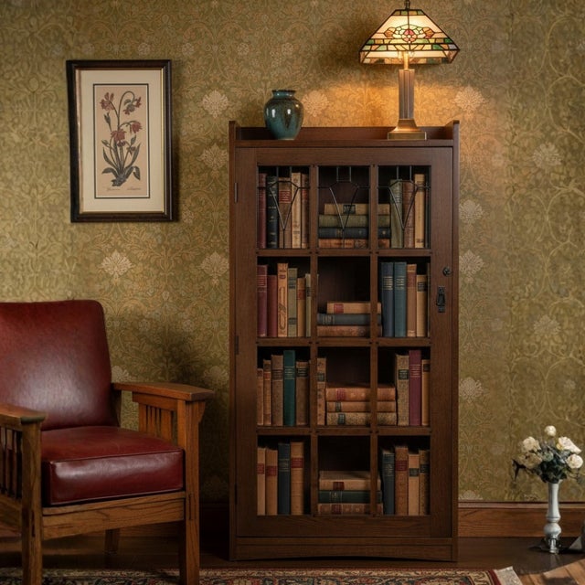 Brown Mission Leaded Glass Bookcase With Lock & Key - Micheal Cherry For Sale - Image 8 of 18