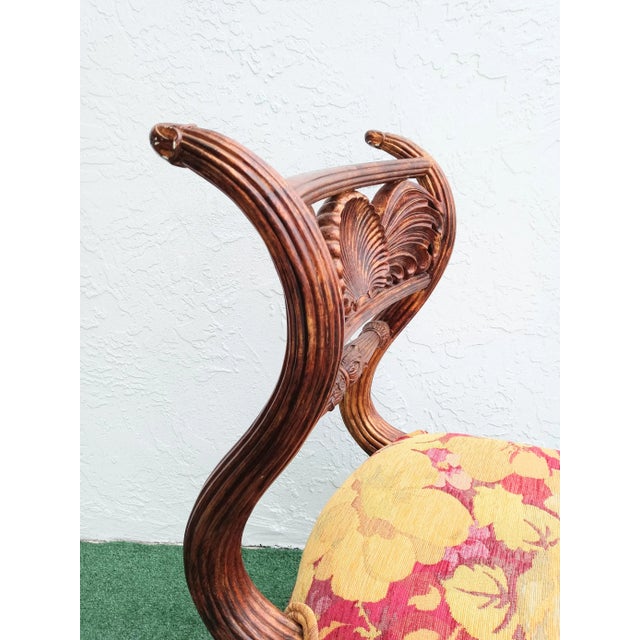 Bronze Maitland Smith Bronze Carved Wood Clam Shell Curved Deep Back Upholstered Side Chair For Sale - Image 8 of 11