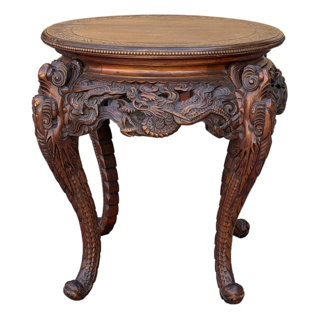 Vintage Carved Solid Wood Dragon Round Plant Stand Display Accent Table For Sale