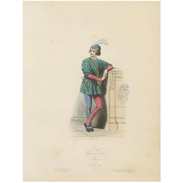 Antique French Costume Print of Medieval Page Boy, Hand-Colored, 19th Century For Sale