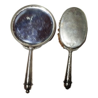 Silver Hand Mirror and Silver Brush, 1800s, Set of 2 For Sale