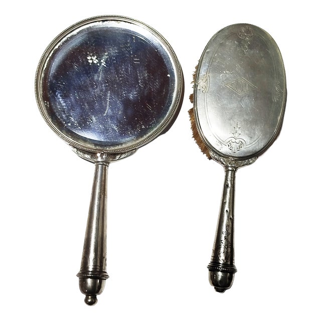Silver Hand Mirror and Silver Brush, 1800s, Set of 2 For Sale