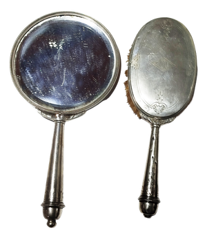 Silver Hand Mirror and Silver Brush, 1800s, Set of 2