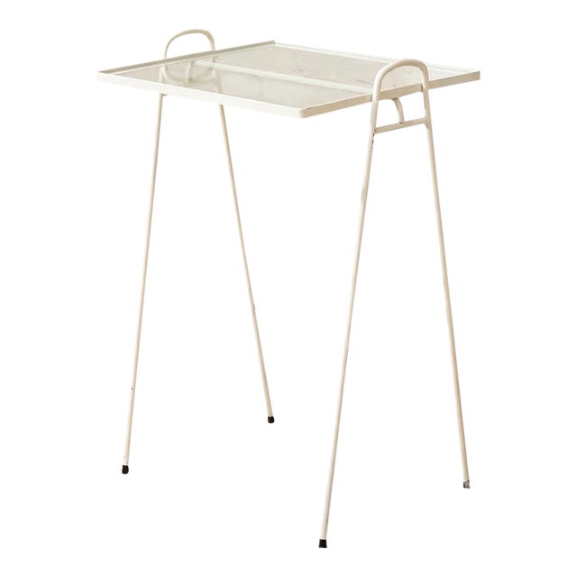 Vintage White Metal & Glass Tray Table For Sale
