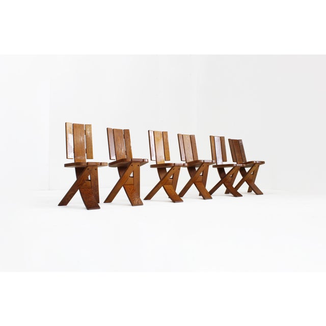 Brown Vintage Brutalist Sculptural Dining Chairs in Oak from Ebénisterie Seltz, France, 1970s, Set of 6 For Sale - Image 8 of 11