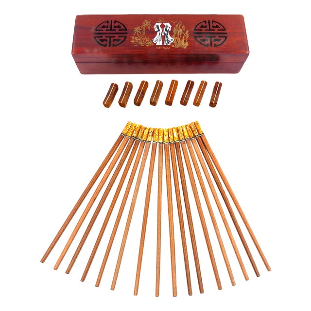 Asian Modern Vietnamese Wooden Chopsticks for 8 With Yellow Mother of Pearl Marbled Tips Decorative Storage Box and Coordinating Rests - 25 pcs For Sale