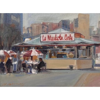 Market Cafe by P.A. Canney | Oil Painting of a cafe with umbrellas and people in an urban setting For Sale