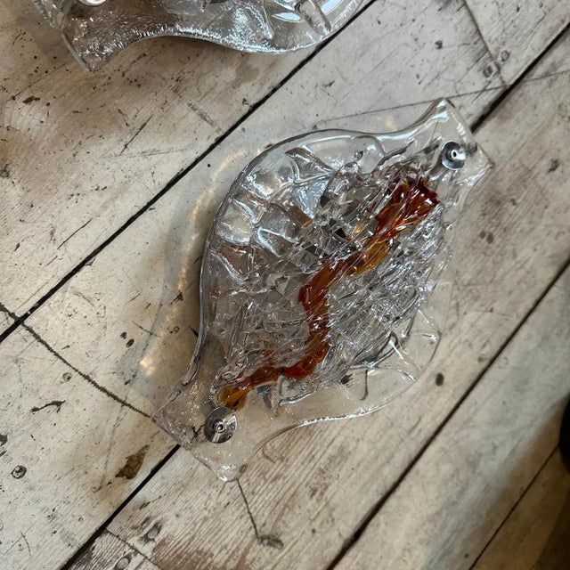 1970s Set of Two 1970s Space Age Clear and Brown Murano Glass Wall Sconces by Mazzega For Sale - Image 5 of 8