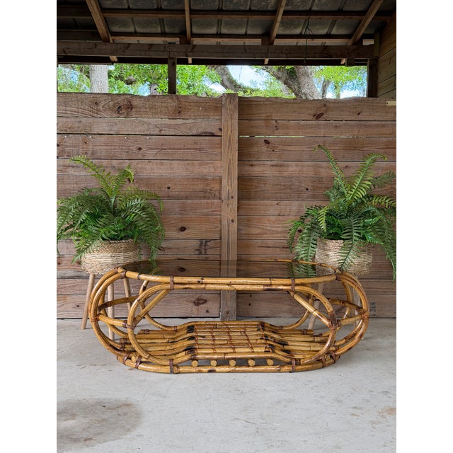 Vintage Coastal Sculptural Rattan Coffee Table With Original Smoked Glass Top For Sale - Image 12 of 12